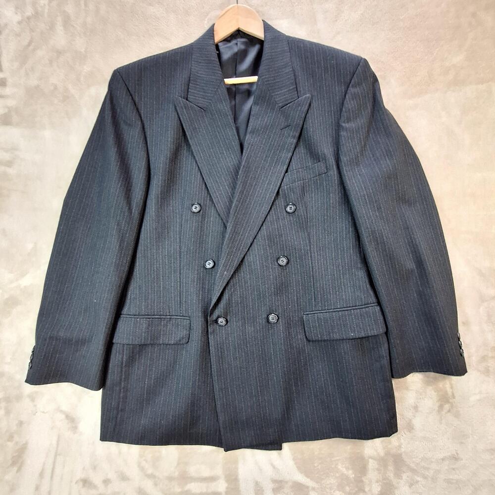 Harve Benard Suit Jacket Mens 44R Gray Herringbone Double Breasted Single Vent